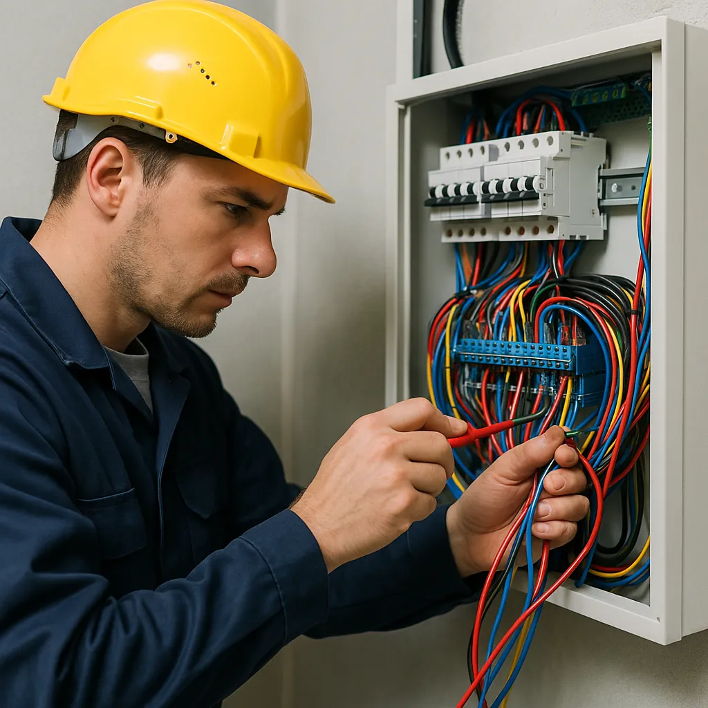 Elektrikerin bei der Installation in einem Neubau